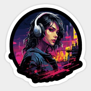 Cyberpunk Neon Woman in Headphones listening to music Sticker